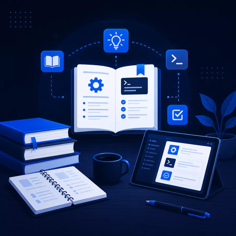Personne consultant un guide technique, icônes de documentation stylisées