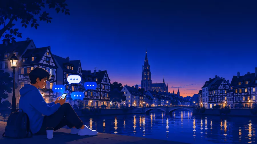 Personne discutant sur son téléphone au bord de l'Ill à la Petite France, Strasbourg, cathédrale en arrière-plan