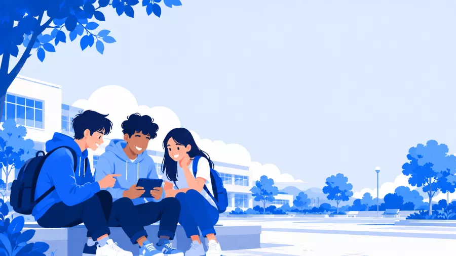 Groupe d'adolescents souriants regardant ensemble un téléphone en plein jour, ambiance amicale