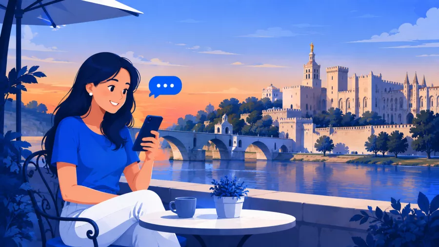 Personne discutant sur son téléphone, Palais des Papes et pont d'Avignon en arrière-plan