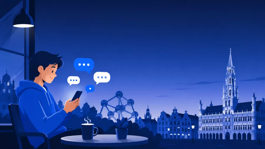 Personne discutant sur son téléphone, Grand-Place de Bruxelles et Atomium en arrière-plan