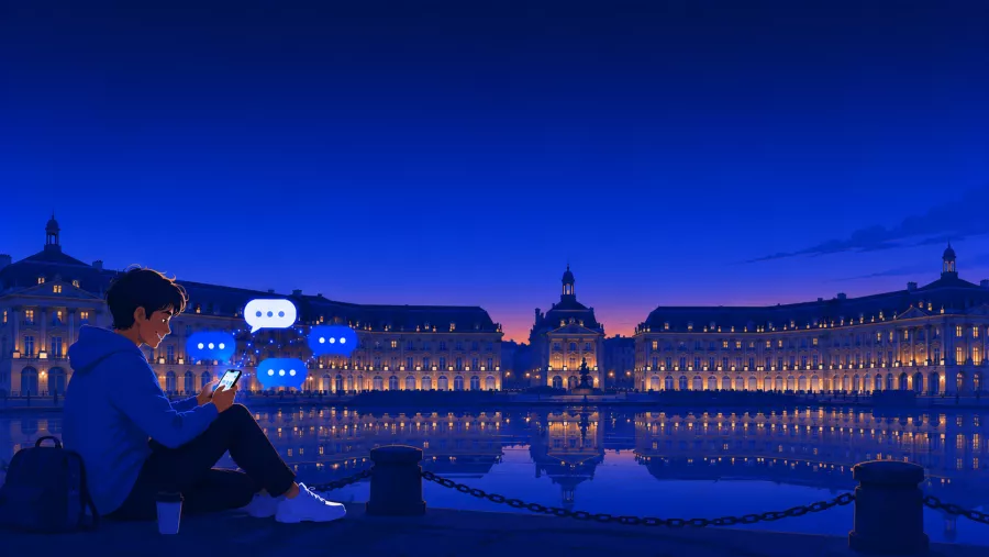 Personne discutant sur son téléphone devant le Miroir d'Eau à Bordeaux, Place de la Bourse en arrière-plan