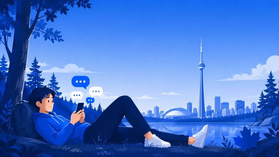 Personne discutant sur son téléphone, paysage canadien stylisé en arrière-plan