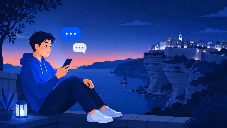 Personne discutant sur son téléphone, falaises de Bonifacio en arrière-plan