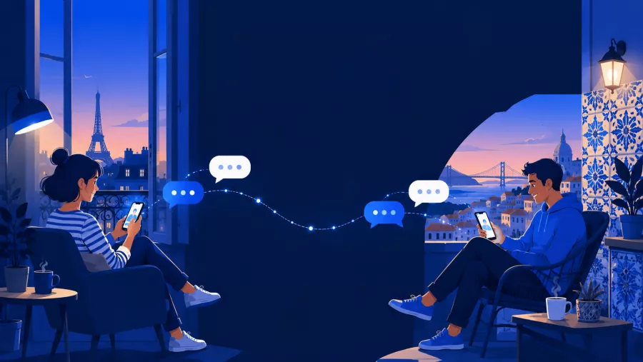 Deux personnes discutant sur leur téléphone, l'une avec vue sur la Tour Eiffel, l'autre sur Lisbonne, reliées par des bulles de conversation
