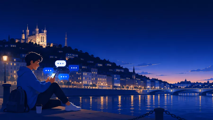 Personne discutant sur son téléphone au bord de l'eau à Lyon, Basilique de Fourvière illuminée en arrière-plan