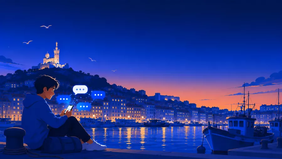 Personne discutant sur son téléphone au Vieux-Port de Marseille, Notre-Dame de la Garde en arrière-plan