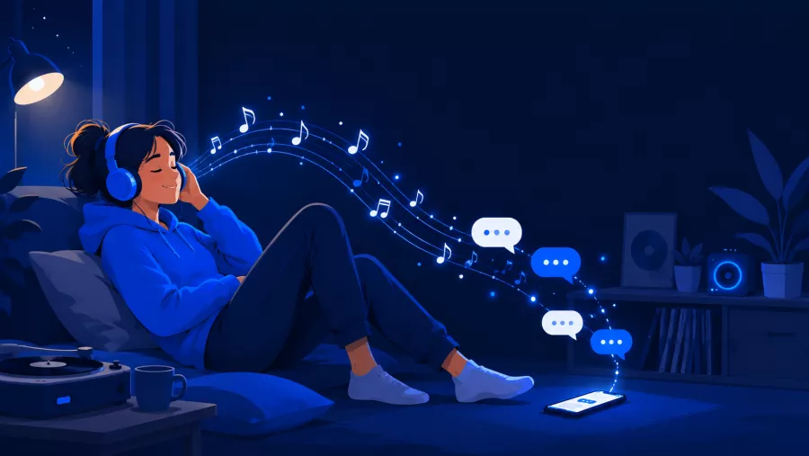 Personne au casque écoutant de la musique, entourée de notes musicales se transformant en bulles de conversation