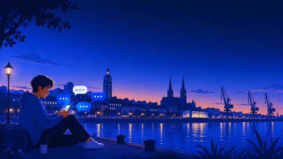Personne discutant sur son téléphone au bord de la Loire à Nantes, cathédrale et île de Nantes en arrière-plan