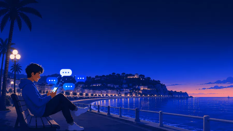 Personne discutant sur son téléphone sur la Promenade des Anglais à Nice, Baie des Anges en arrière-plan