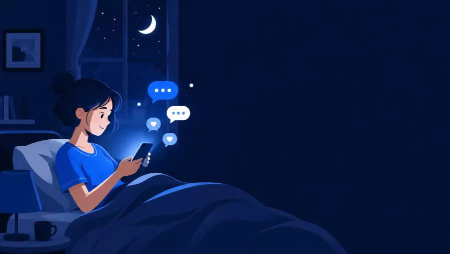Personne éveillée tard la nuit, discutant sur son téléphone à la lumière de l'écran