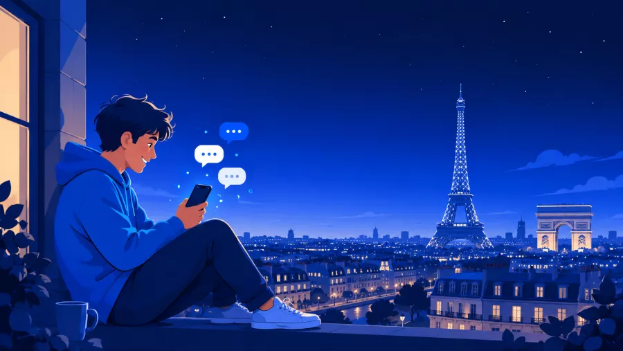 Personne discutant sur son téléphone le soir à Paris, Tour Eiffel et Arc de Triomphe en arrière-plan