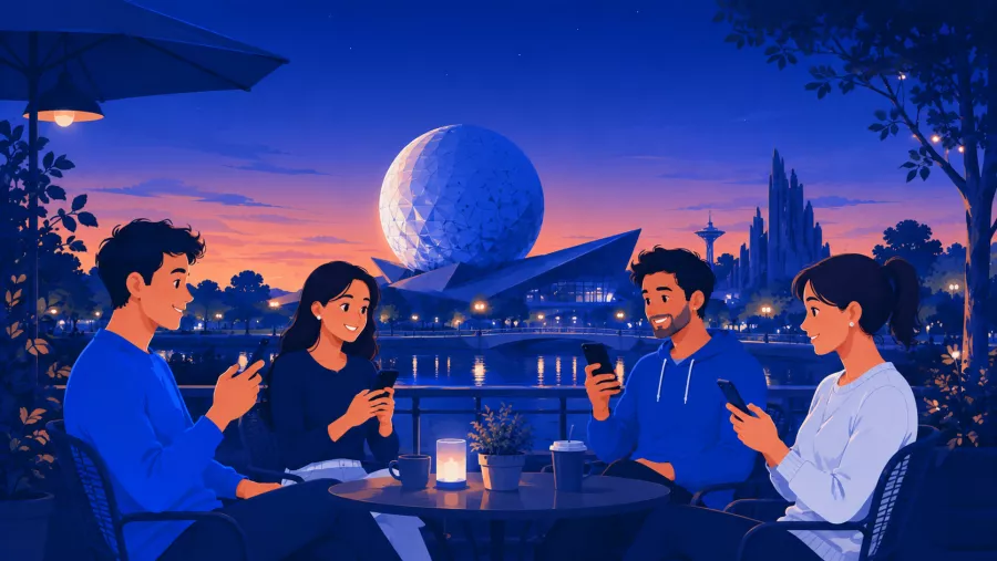Personne discutant sur son téléphone, sphère du Futuroscope de Poitiers en arrière-plan