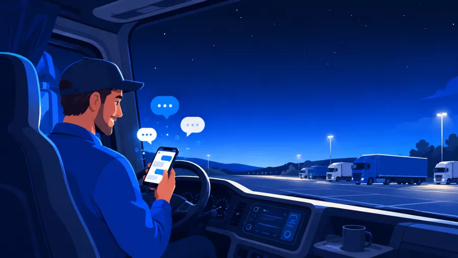 Chauffeur routier discutant sur son téléphone dans sa cabine de camion, sur une aire de repos la nuit