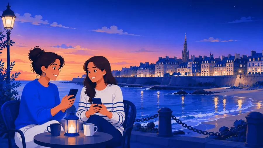 Personne discutant sur son téléphone, remparts de la cité corsaire de Saint-Malo en arrière-plan