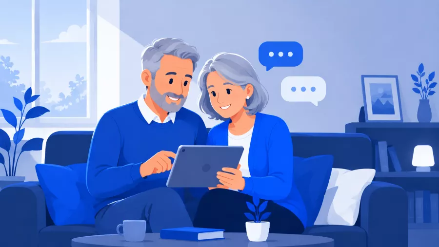 Personne d'âge mûr souriante discutant en ligne depuis son ordinateur