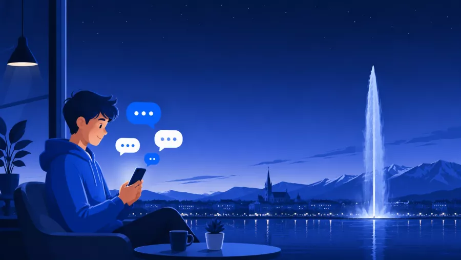 Personne discutant sur son téléphone, Jet d'Eau de Genève et montagnes en arrière-plan