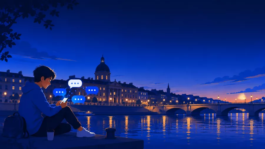 Personne discutant sur son téléphone au bord de la Garonne à Toulouse, Capitole en arrière-plan