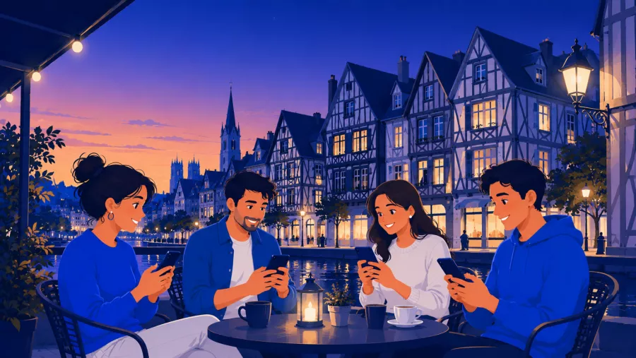 Personne discutant sur son téléphone, maisons à colombages du centre historique de Troyes en arrière-plan