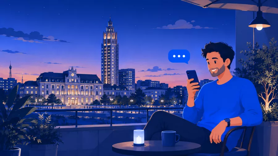 Personne discutant sur son téléphone, Hôtel de Ville et gratte-ciel Art Déco de Villeurbanne en arrière-plan